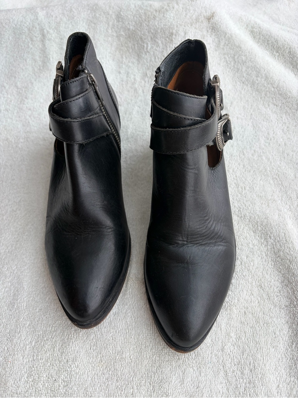 Frye Black Leather Ankle Boots with Buckle Strap
